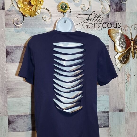 "You Decide" Happy or Sad Shredded Back Navy Baby Tee Tshirt UPcycled Sz L - Picture 5 of 6